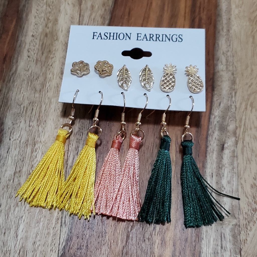 Boho Gold Earring Set 6 Pairs Green Pink Yellow Tassel Dangle Tropical Stud Mix 10$